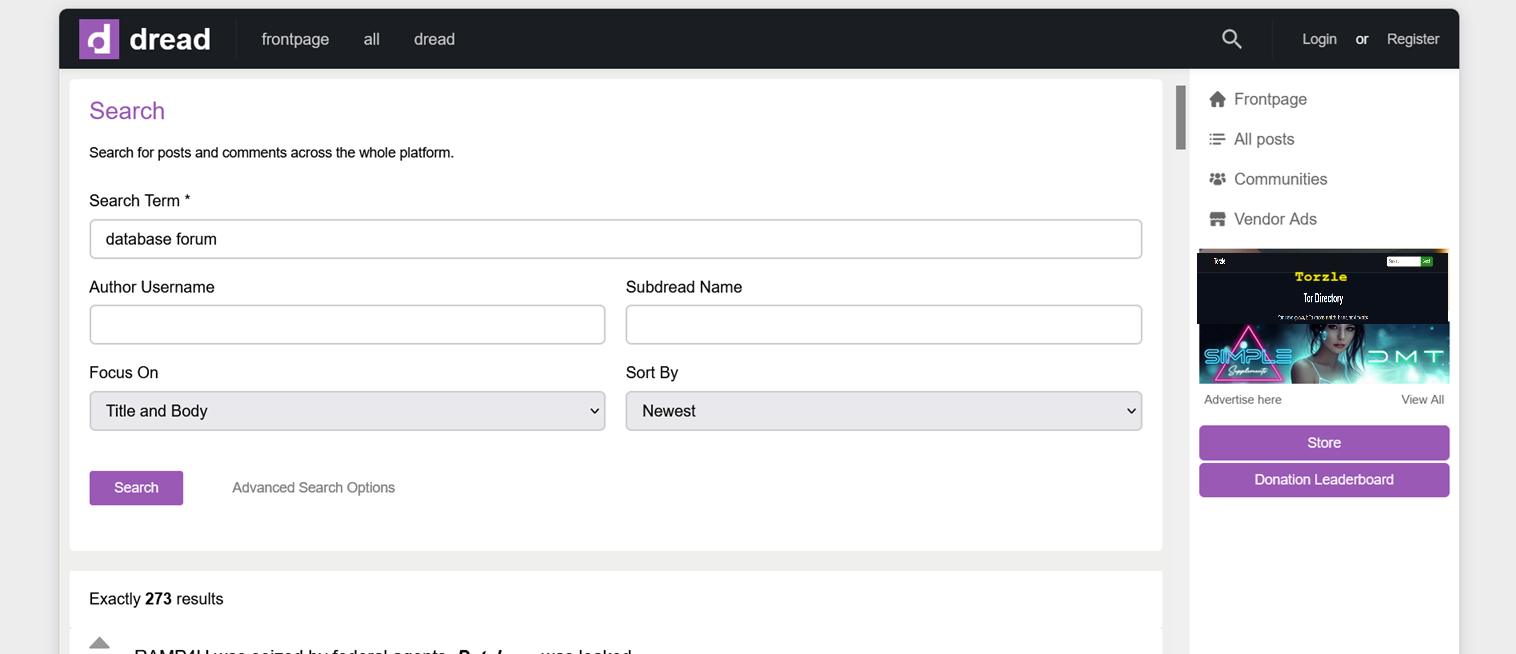 Dread dark web forum interface placeholder