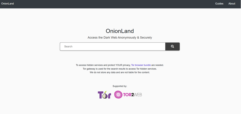 OnionLand.io homepage showing modern search interface for Tor, I2P and clearnet in 2026