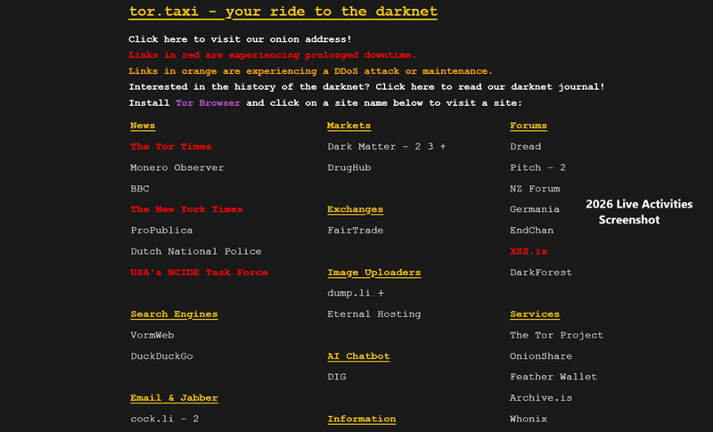 Tor Taxi dark web directory interface 2026