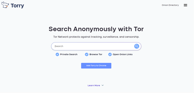 Torry.io homepage showing search bar for onion sites without needing Tor Browser